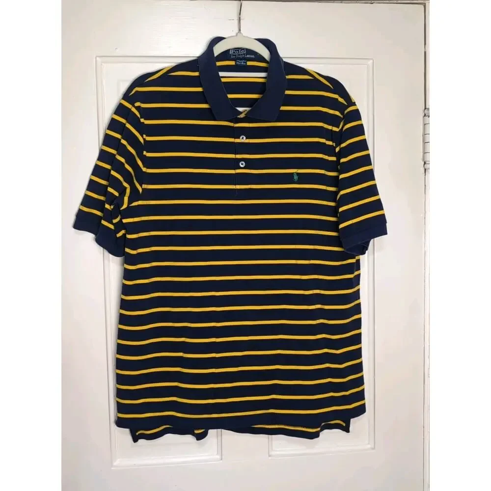 Polo Ralph Lauren Shirt Blue Yellow Stripes Equestrian Golf Men's L Pima(1186)